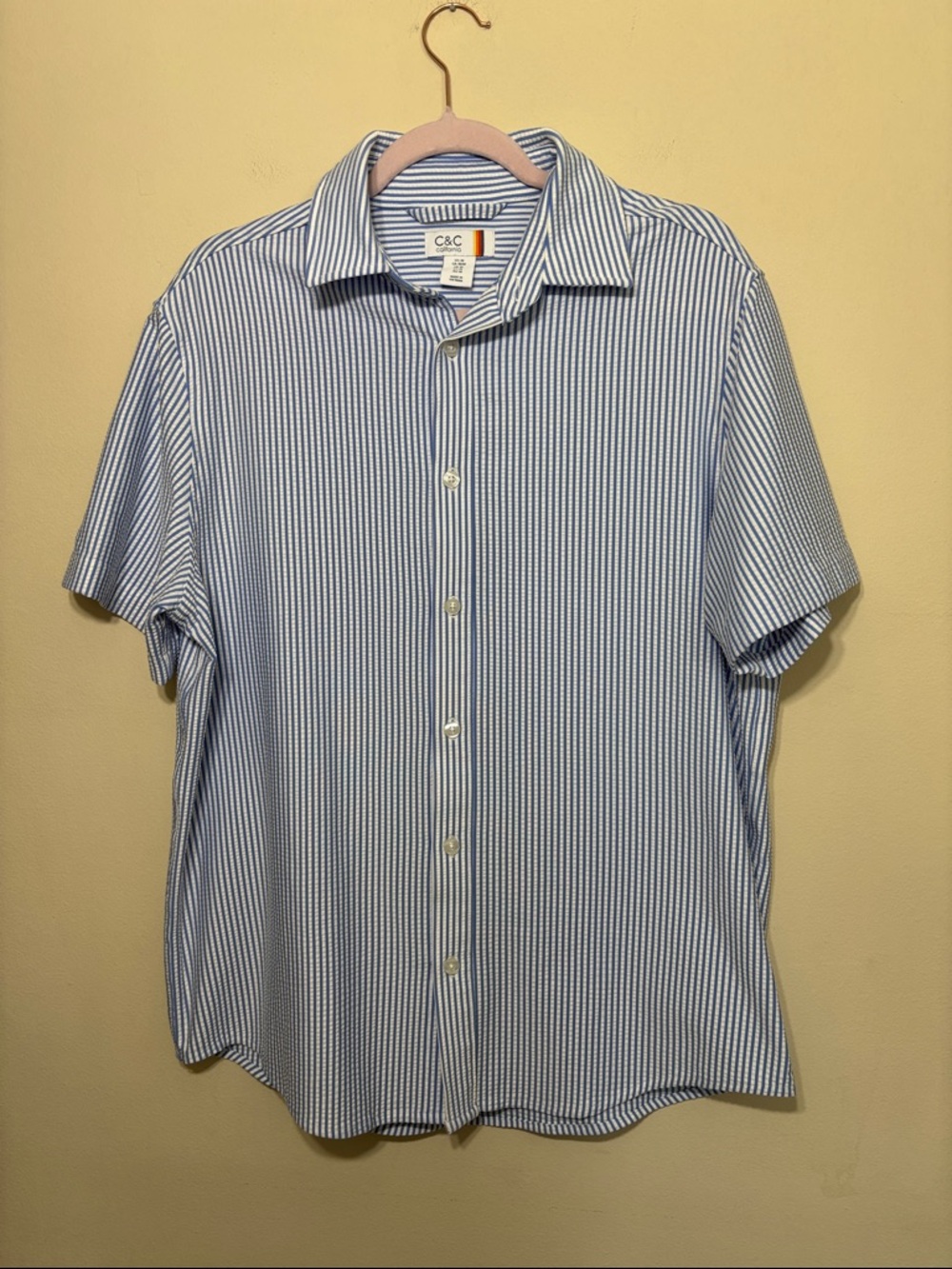 C&C California Blue and White Narrow Stripe Short Sleeve Button-Up